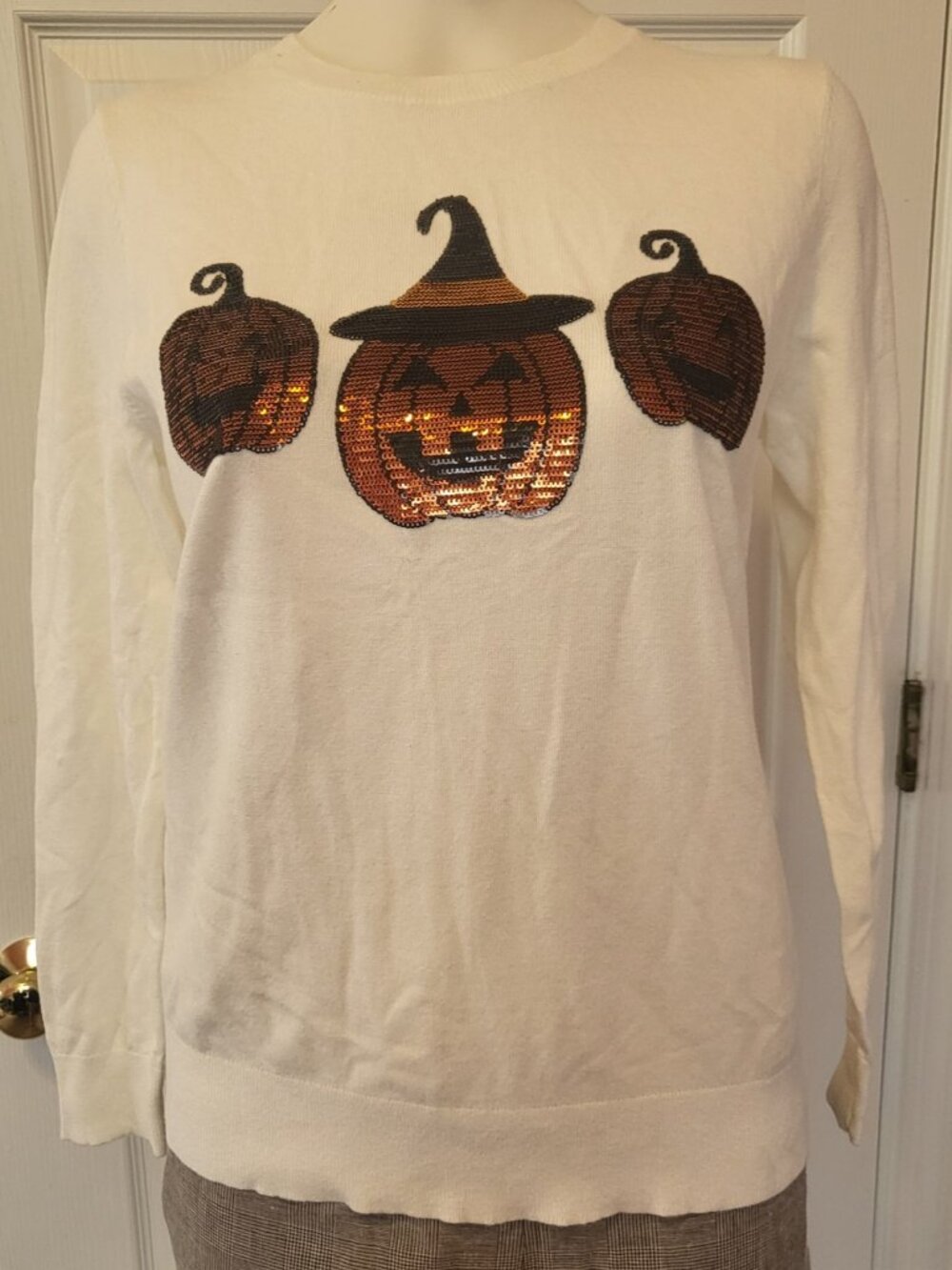 Victoria Harbour White Crewneck Sequin Jack O Lanterns Halloween Sweater XL NWT